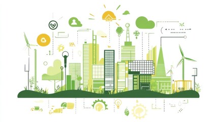 Sustainable urban development illustration featuring green energy sources and infrastructure