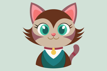 Cartoon Cat Illustration with Adorable Eyes and Collar Standing Out on a Simple Background