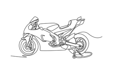 Continuous one line drawing side view modern sport motorcycle parking on white background. Motorbike for race competition. Transportation concept. Single line draw design vector graphic illustration