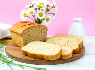 Artisanal Bread: A sliced loaf of fresh bread sits on a wooden platter, its golden crust inviting, next to a vase of daisy, exuding warmth and the essence of comfort.