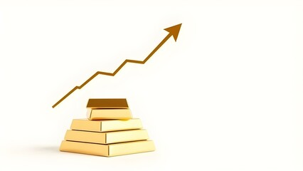 "Golden ingots pyramid and positive trend line, illustrating strong economic performance, valuable assets, and profitable investment strategy."