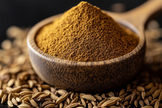 Close-up of a wooden spoon Cumin powder into a bowl, with raw Cumin seeds in the foreground and a black background. 