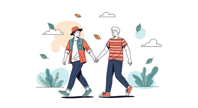 Two happy men holding hands walking together enjoying a beautiful day outdoors with plants and leaves