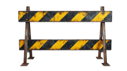 Aged metal road barrier with yellow and black stripes isolated on transparent backdrop.