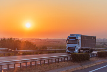 Curtainside semi-trailer truck for general cargo driving on a highway at sunrise.