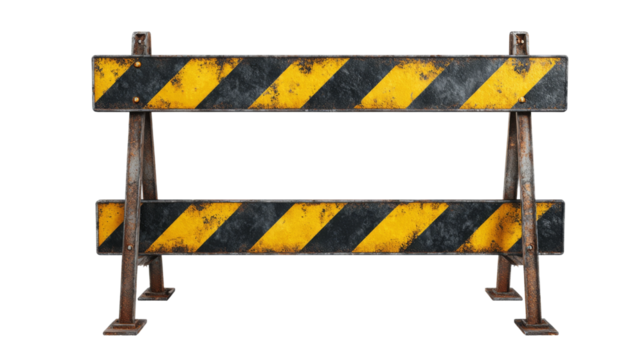 Aged metal road barrier with yellow and black stripes isolated on transparent backdrop.