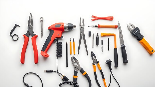 Top-down view of organized electrical tools on white background
