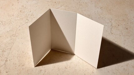 Folded blank tri-fold brochure on light beige surface