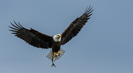Majestic raptor soars through the sky, clutching its freshly caught fish in powerful talons