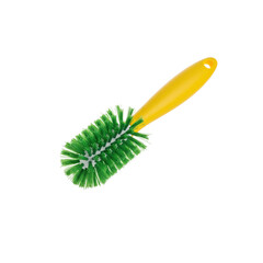 Naklejka premium A green bottle brush with a yellow handle on transparent background