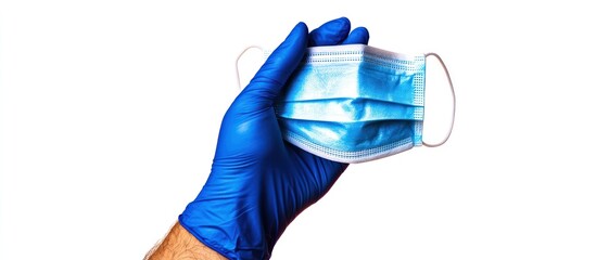 A gloved hand holds a surgical mask, emphasizing health and safety protocols