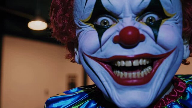 Creepy clown with crazy smile on his face suddenly appears around the corner in darkroom. Terrible clown with a colorful makeup in a festive costume