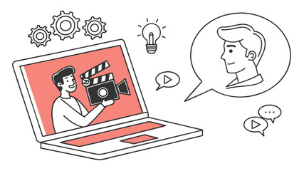 Video production online course and film making tutorial on laptop concept art