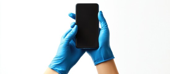 Hands in blue nitrile gloves holding smartphone for contactless technology