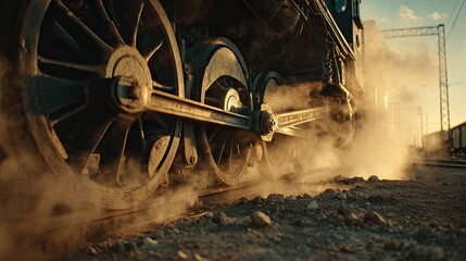 Steam train, close-up of wheels and steam