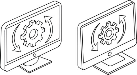 System Update and Process Management Isometric Monitor Icons, Digital Configuration and Refresh Cycle Vector Set