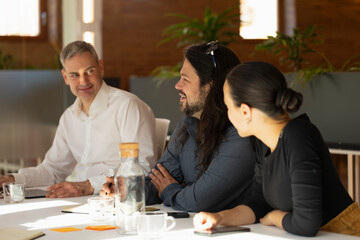 Work colleagues, talk about aspects of their work, during a meeting in the office