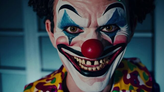 Creepy clown with crazy smile on his face suddenly appears around the corner in darkroom. Terrible clown with a colorful makeup in a festive costume