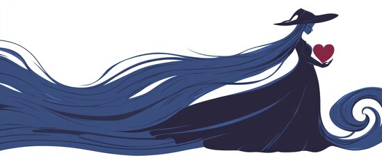 Silhouette of a whimsical witch holding a heart amidst flowing hair
