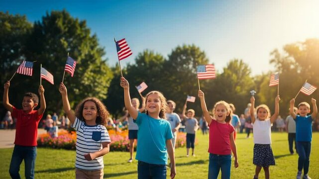 Joyful children celebrate American patriotism waving flags in a sunny park during a festive Fourth of July parade