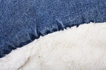 Soft white fur and denim fabric blend for cozy home decor