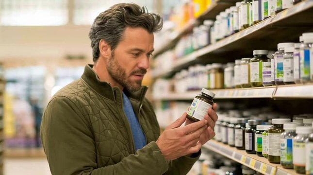 Man Reading Supplement Label: A discerning man carefully examines the label of a supplement bottle in a health food store, focused on choosing a product that suits his wellness needs.