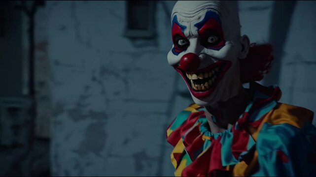 Creepy clown with crazy smile on his face suddenly appears around the corner in darkroom. Terrible clown with a colorful makeup in a festive costume