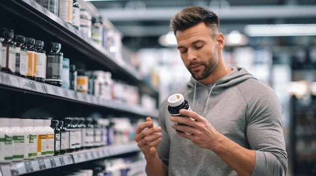 Man Examining Supplement Label: A focused man carefully reads the label of a supplement jar in a health food store aisle, considering his nutritional choices. 