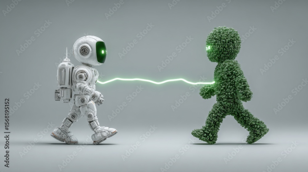 Poster friendly robot and green character engaging in a customer journey representing ai-driven interaction