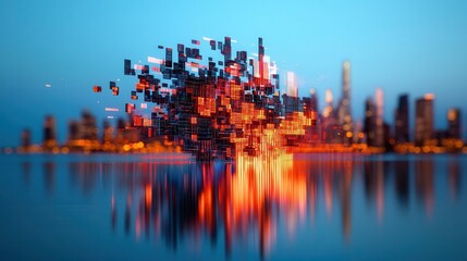Surreal pixel storm consuming a futuristic city, metaphor for data overload and digital chaos