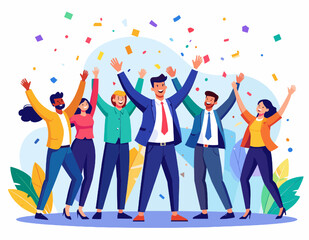 Diverse Team of Business Professionals Cheering with Confetti in Blue and Yellow Tones for Successful Project Completion in Vector Illustration