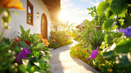 Naklejka premium The Charming House: A picturesque pathway guides the viewer towards a inviting house facade, adorned with vibrant flowers and lush greenery, bathed in the warm glow of the morning sun.