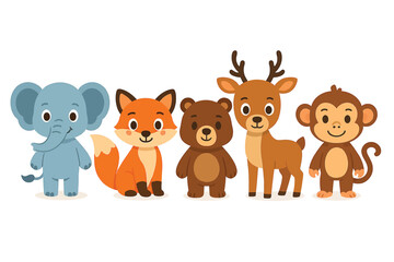 Adorable Cartoon Animals Elephant Fox Bear Deer and Monkey Standing Together