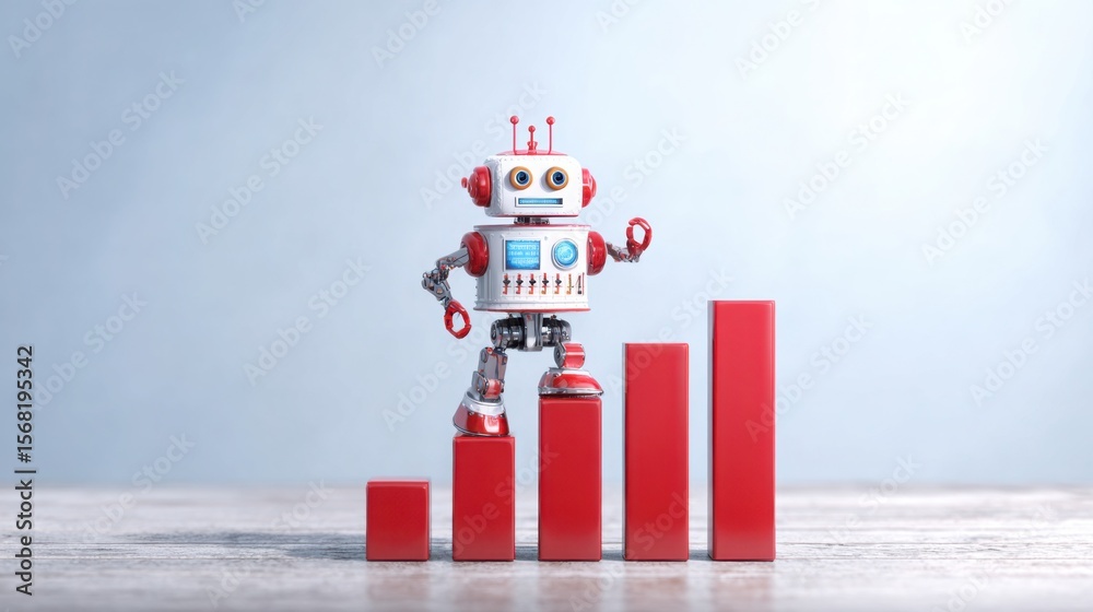 Poster innovative robot analyzing business health through bar chart visualization for ai-driven performance