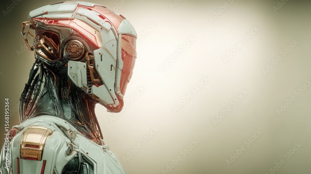 Poster modern robot equipped with helmet representing ai-powered investment advisor for minimalist user int