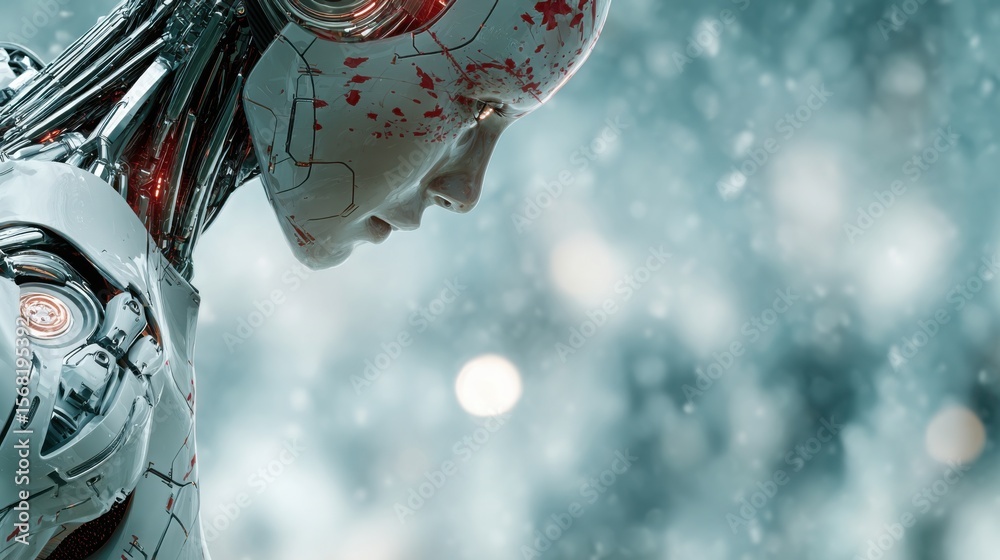 Poster unique robot with blood on its face portraying ai-powered trade execution bot with dashboard concept