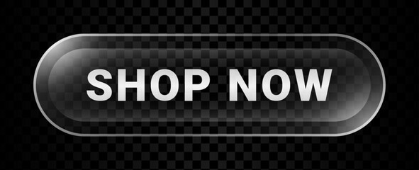 Shop now button icon in liquid glass. Buy symbol blur effect. Online shopping click badge