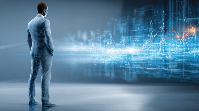 Professional businessman in suit observing urban cityscape for ai-driven ipo valuation and investment analysis