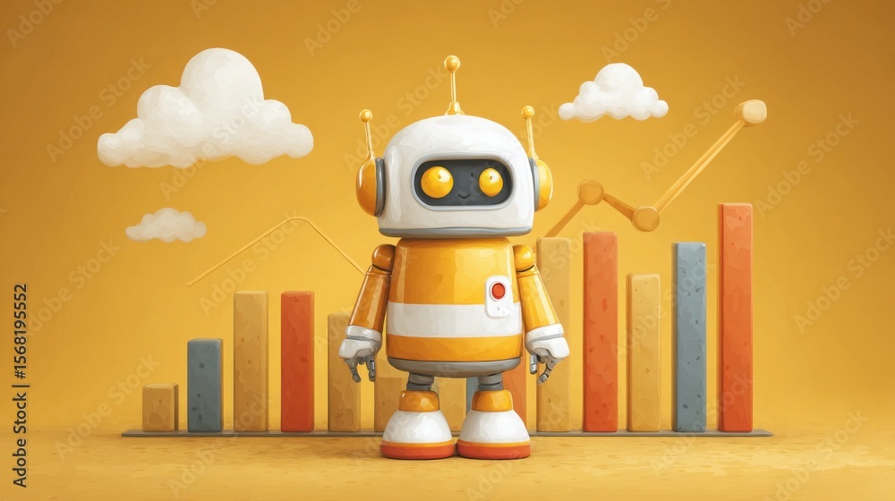 Poster intelligent robot standing in front of a bar chart displaying financial data for ai budget forecasti