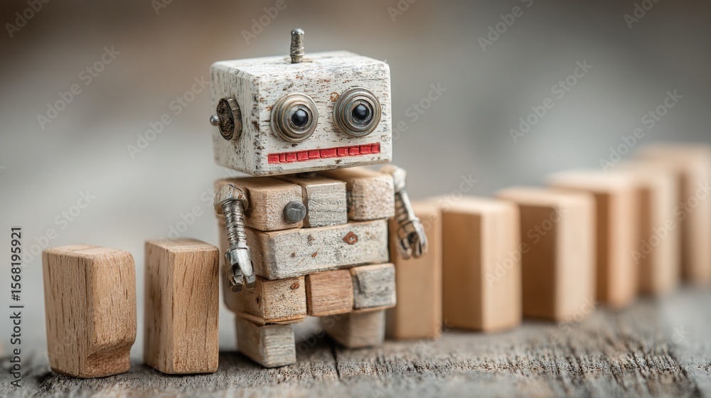 Poster wooden robot on a table showcasing unique structural design and functionality in business continuity