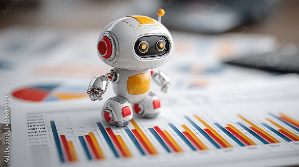 Poster robot on a table engaging in cost-cutting analysis to enhance business efficiency and optimize opera