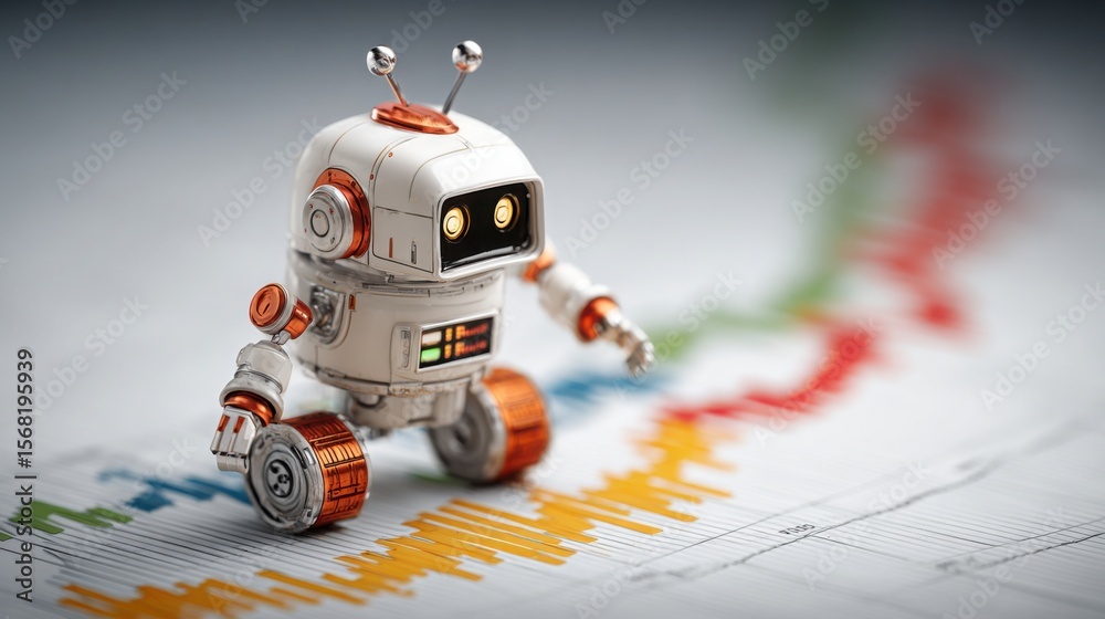 Poster robot analyzing business metrics on a graph chart for enhanced cost-cutting strategies in ai innovat