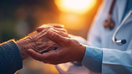 A Caring Touch: A doctor offers a comforting hand to an elderly patient, captured during sunset. The image embodies empathy, care, and the vital role of trust in healthcare settings. 
