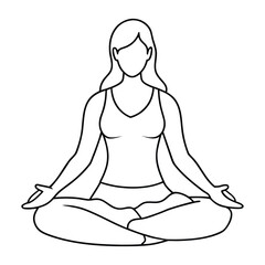 Line drawing shows a woman in sportswear meditating with her legs crossed and arms outstretched