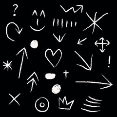 Collection of White Hand-Drawn Doodle Elements on Black Background