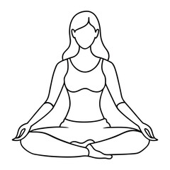 Faceless woman with long hair is meditating in the lotus position in outline