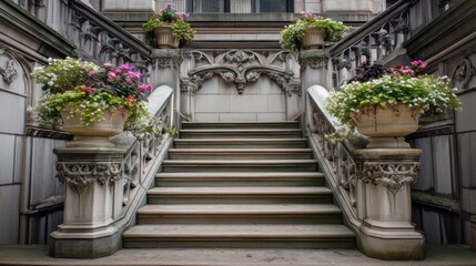 Ornate stone staircase with flower planters