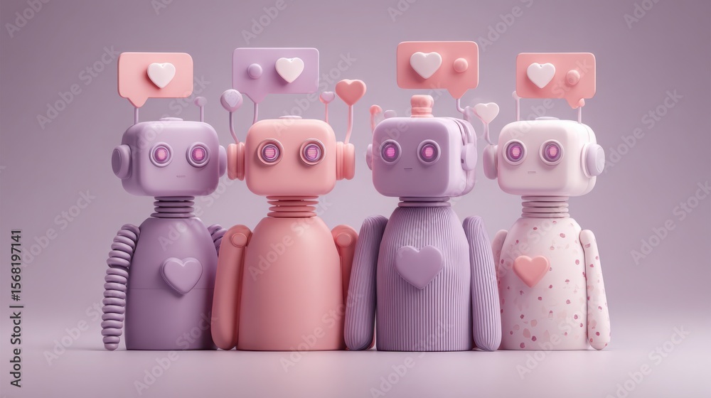 Poster group of robots with hearts symbolizing ai customer retention bots and emotional connection in user 