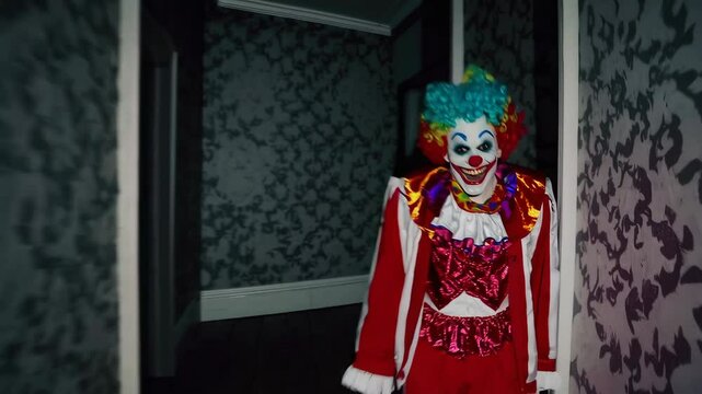 Creepy clown with crazy smile on his face suddenly appears around the corner in darkroom. Terrible clown with a colorful makeup in a festive costume