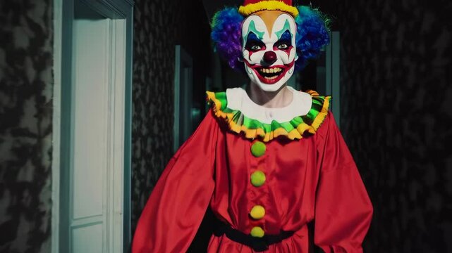 Creepy clown with crazy smile on his face suddenly appears around the corner in darkroom. Terrible clown with a colorful makeup in a festive costume